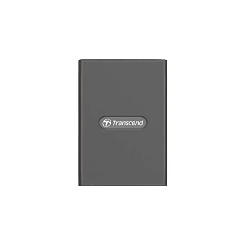 Transcend CFexpress Type B Card Reader RDE2 with USB 3.2 Gen 2x2 interface, featuring lightweight aluminum housing and non-slip silicone cover, designed for high-speed data transfer at 20 Gbps, compatible with USB Type-A and Type-C devices.