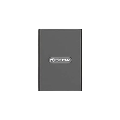 Transcend CFexpress Type B Card Reader RDE2 with USB 3.2 Gen 2x2 interface, featuring lightweight aluminum housing and non-slip silicone cover, designed for high-speed data transfer at 20 Gbps, compatible with USB Type-A and Type-C devices.