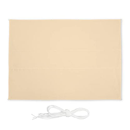 Rectangular sun sail in beige measuring 3.5 by 4.5 meters designed for outdoor use featuring water-repellent material and UV protection includes guy ropes for secure installation ideal for providing shade in gardens