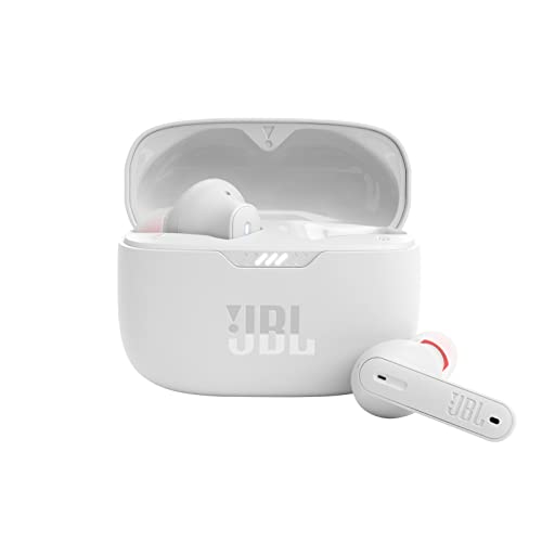 JBL T230NCTWSWHT in-ear wireless headphones in white, featuring active noise cancellation, IPX4 water resistance, and up to 40 hours of battery life.