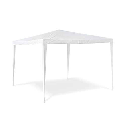 White gazebo party tent measuring 2.5 by 3 by 3 meters featuring a square marquee design with a roof made of 100 percent polyethylene suitable for festivals or camping supported by a sturdy steel frame