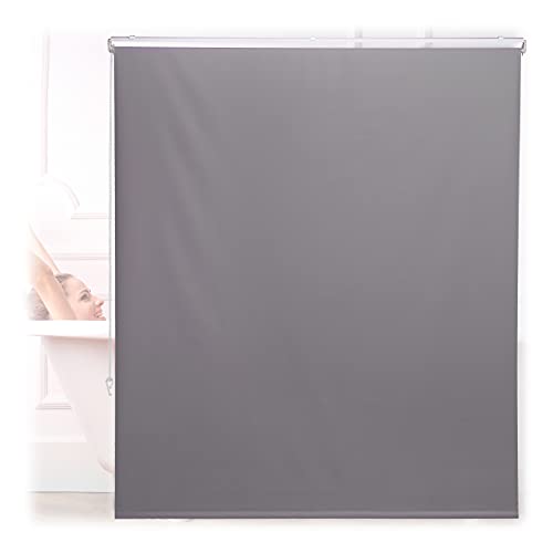 Grey rope roller shower blind measuring 140 by 240 centimeters designed for use in showers and bathtubs suitable for ceiling and window installation water-repellent material