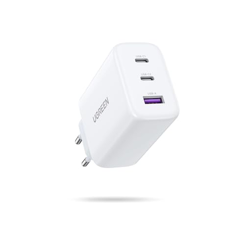 UGREEN 65W USB C fast charger with three ports designed for compatibility with various devices including iPhone models 16 Plus Pro Max 15 14 13 12 11 MacBook M4 M3 M2 M1 Galaxy S24 Ultra Plus S23 A15 Pixel 9 8 7 6 iPad Pro Air and Dell XPS 13 in white color