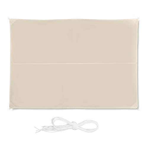 Rectangular sun sail in beige measuring 3 x 4 meters designed for patios and balconies made from water and UV resistant material with attached ropes for easy installation