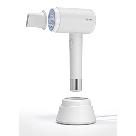 Lylux cordless hair dryer in white, featuring a sleek design and portable functionality, powered by a 400-watt battery with fast charging capabilities.