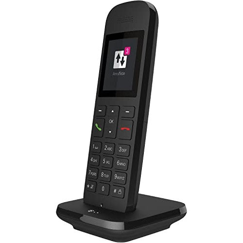 Black wireless telephone Telekom Speedphone 12 featuring eco mode and low radiation technology