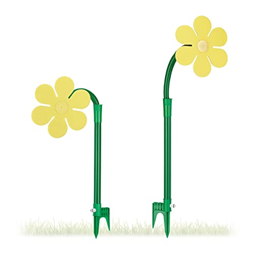 Set of two Relaxdays sprinkler heads designed for garden water irrigation featuring a click connect system and ground screw, made of plastic in yellow and green flower shape.