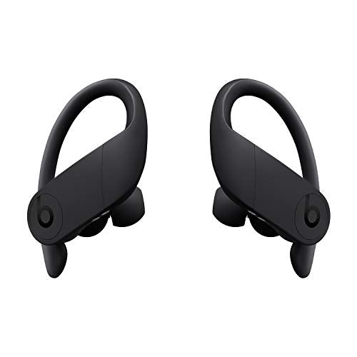 Black Powerbeats Pro totally wireless headphones with sound isolation, in-ear design, and a charging case. Includes ear inserts in four sizes and a Lightning to USB-A charging cable.