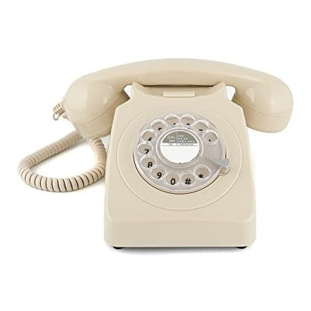 Cream-colored corded retro phone with a dial, inspired by the design of the 70s and 80s, featuring traditional ringtones and an on/off switch; compatible with any analogue telephone line (RJ11 cable included).