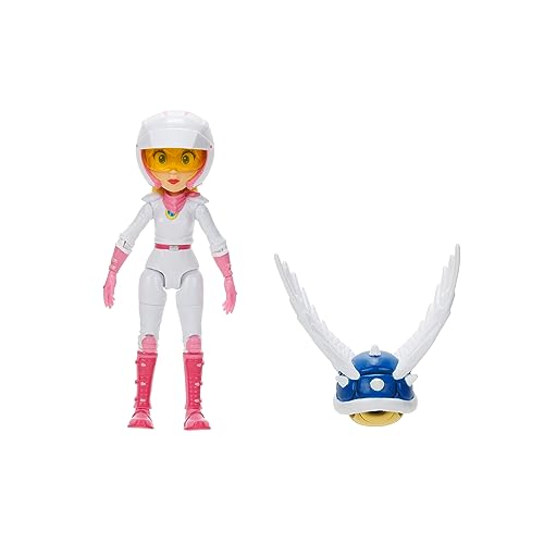 Explore the action with Super Mario Bros Movie's Peach, 5" figure featuring motorcycle gear and a blue shell. Premium details, 16 articulation points. Ages 3+.