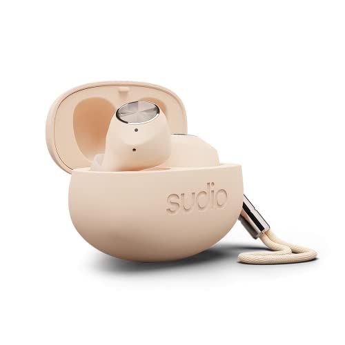 Sudio T2 wireless earbuds in sand color with active noise cancellation, designed for comfort and optimal sound quality, featuring a charging case and multiple size ear plugs.