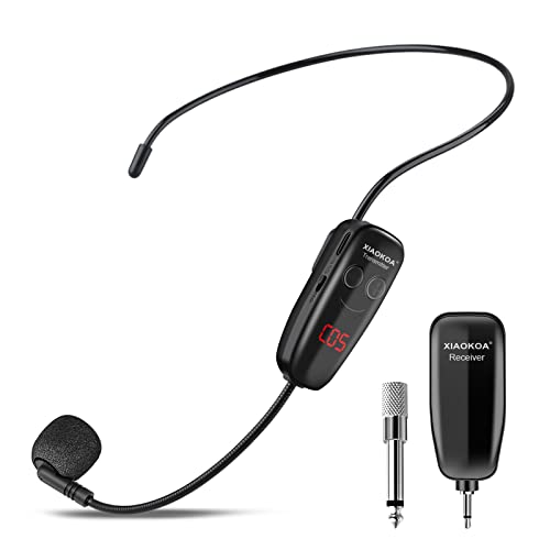 Wireless microphone headset with adjustable headband, featuring a LED digital display for battery level and volume; utilizes UHF technology for stable wireless connection up to 50 meters, compatible with multiple devices including speakers and amplifiers.