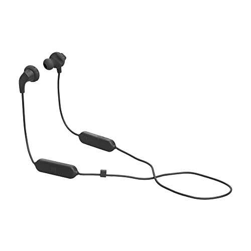 Black JBL Endurance Run 2 in-ear headphones with active noise cancellation, featuring sweat-proof design (IPX5), magnetic earplugs for easy storage, and a one-button remote control for hands-free calls. Includes three sizes of ear plugs, an ear adaptor, warranty card, and safety data sheet.