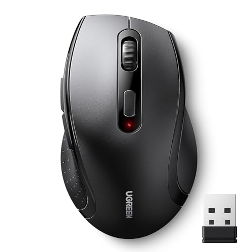 Black UGREEN wireless ergonomic optical mouse featuring a 2.4GHz connection, 1600 DPI sensitivity, six buttons, and compatibility with laptops, PCs, and Chromebooks.