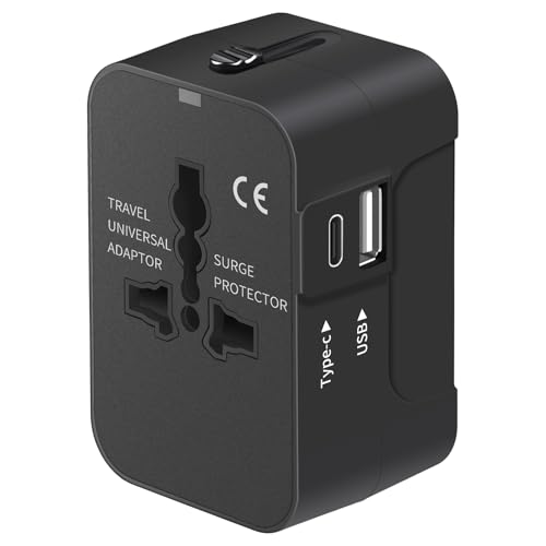 Travel adapter featuring USB C ports designed for universal use, suitable for worldwide travel with compatibility for USA, EU, UK, and Australia, in a sleek black design.