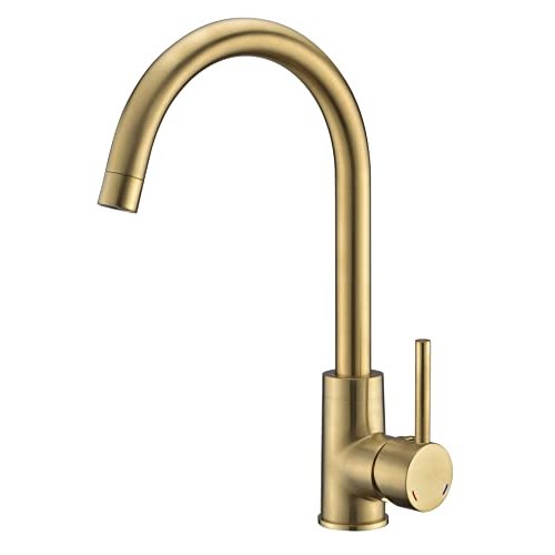 Brushed brass deck mount sink mixer by Edouard Rousseau, featuring a shiny finish, single handle for easy operation, and modern design with flow-reducing aerator for water savings.