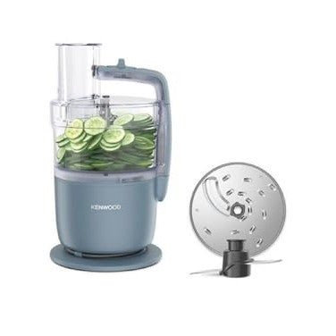 Compact blue Kenwood MultiPro Go food processor with a 1.3 litre bowl, designed for chopping, slicing, grating, and kneading; features a powerful 650W motor and dishwasher-safe utensils.