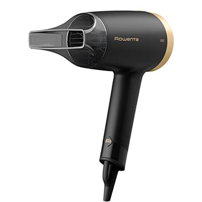 Rowenta gold hair dryer with a lightweight plastic design, featuring 1600 watts of power and two speed/temperature settings, including a cold air button for styling.