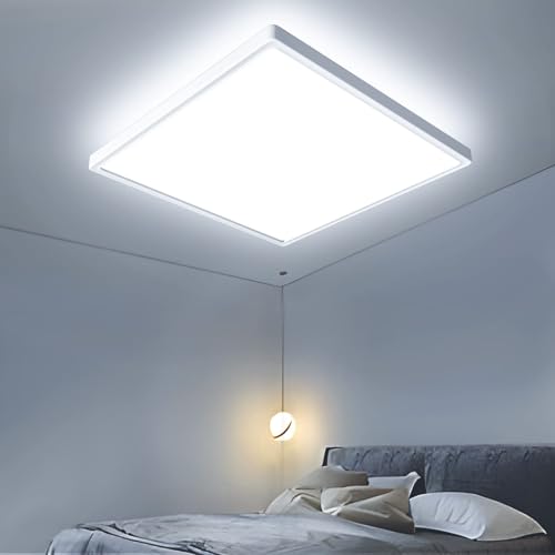 Modern LED ceiling light panel in flat design with 6500 K color temperature, suitable for various rooms including bathroom, living room, bedroom, children's room, kitchen, and office, featuring IP44 rating and measuring 30 cm with a brightness of 2400 lumens.