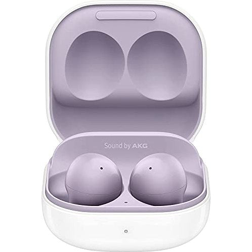 Samsung Galaxy Buds2 in purple, featuring an in-ear design with active noise cancellation, three microphones for clear calls, and a lightweight build for comfort during use.