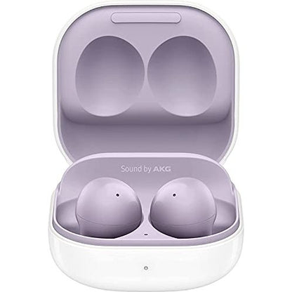 Samsung Galaxy Buds2 in purple, featuring an in-ear design with active noise cancellation, three microphones for clear calls, and a lightweight build for comfort during use.