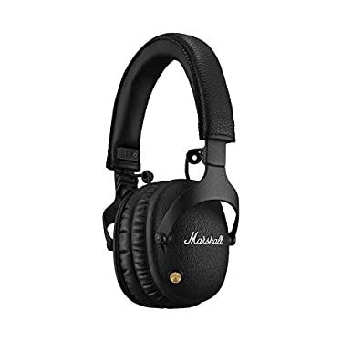 Black Marshall Monitor II A.N.C. over-ear headphones with active noise cancellation, ergonomic design, and foldable construction, featuring a multi-directional control button and USB-C charging cable in a travel package.