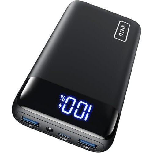 Black INIU 20000mAh power bank with fast charging USB-C input and output, LED indicator lights, portable design, and flashlight feature.