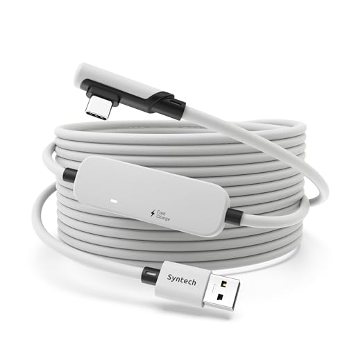 16-foot Syntech Link Cable designed for fast charging and compatibility with Meta Quest 3 and Oculus Quest 2 accessories, featuring a separate charging port and USB 3.0 to Type C connection, suitable for PC and SteamVR, in white color.