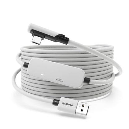 16-foot Syntech Link Cable designed for fast charging and compatibility with Meta Quest 3 and Oculus Quest 2 accessories, featuring a separate charging port and USB 3.0 to Type C connection, suitable for PC and SteamVR, in white color.