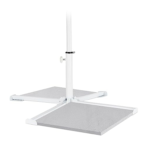 White steel parasol plate stand designed for umbrella poles measuring 19 to 38 mm in diameter featuring a foldable cross base and snap-in function with dimensions of 30 x 85 x 85 cm