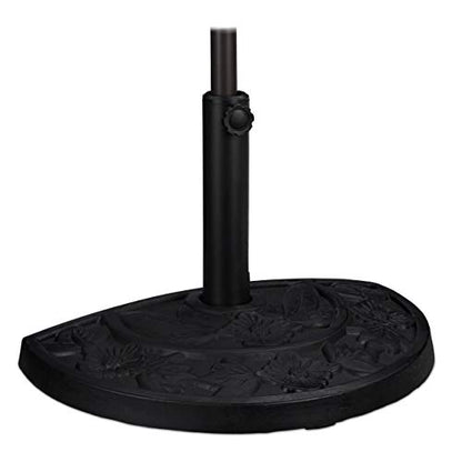 Black semi-circular parasol base designed for parasol poles measuring 34 to 50 mm featuring a weatherproof floral design suitable for gardens and balconies