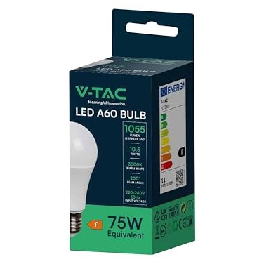 V-TAC E27 Dimmable LED Bulbs, 10.5W, 1055 Lumen, GLS, IP20 Rated, 3000K Warm White Light - Energy Efficient