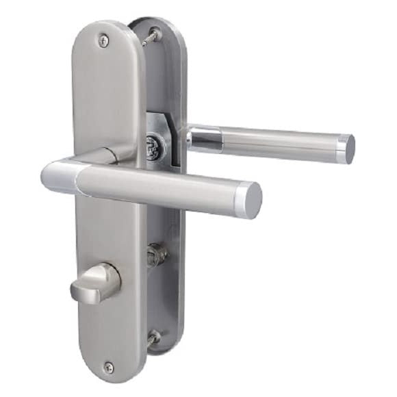 Stainless steel lever handle for bathroom doors, featuring a lockable design and including installation hardware.