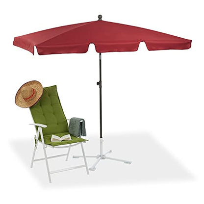 Rectangular bordeaux beach umbrella measuring 200 by 120 centimeters featuring a height-adjustable design and tilt function suitable for garden use