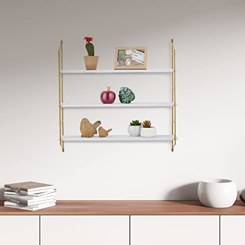 Relaxdays - Floating Wall Shelf With 3 Shelves, MDF & Iron, White/Gold