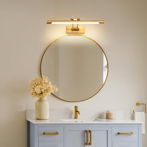 LED bathroom mirror with a 40 cm size and 10W power featuring three dimmable color temperatures and a dimmable LED image light. The mirror includes a swivel lamp head and an arc arm for adjustable lighting.