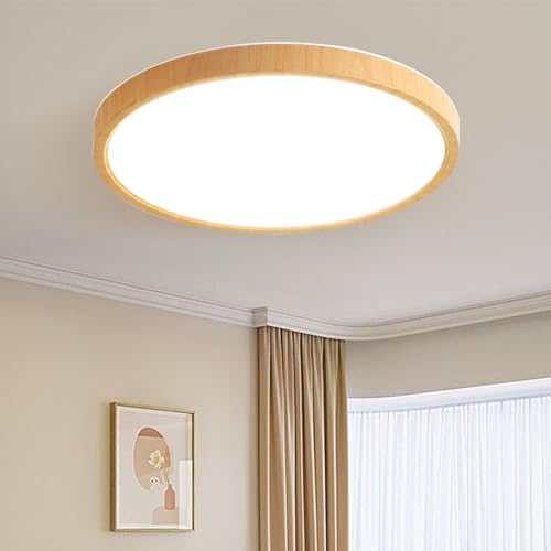 Schindora Modern Wood Grain LED Ceiling Light Ultra-Thin Flush Mount 24W 3000K/4000K/6000K Round Lighting for Living Room