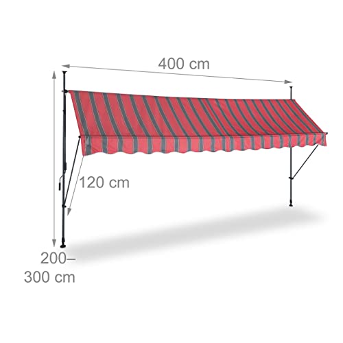 Relaxdays - Height Adjustable Clamp Awning, 400 x 120 cm, UV Protection, Grey/Red