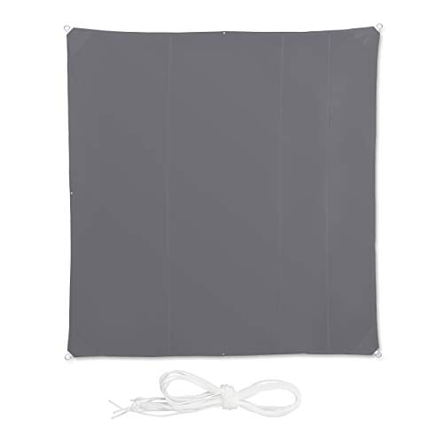 Gray square shade sail for sun protection on balcony or garden, waterproof fabric, dimensions 5x5 meters, designed to diffuse sunlight and provide UV protection.