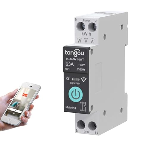 Tuya WiFi smart switch circuit breaker designed for smart home use with options for 1P and current ratings of 6A, 10A, 16A, 20A, 25A, 32A, 40A, 50A, and 63A featuring wireless voice remote control, timer functionality, and metering capabilities.