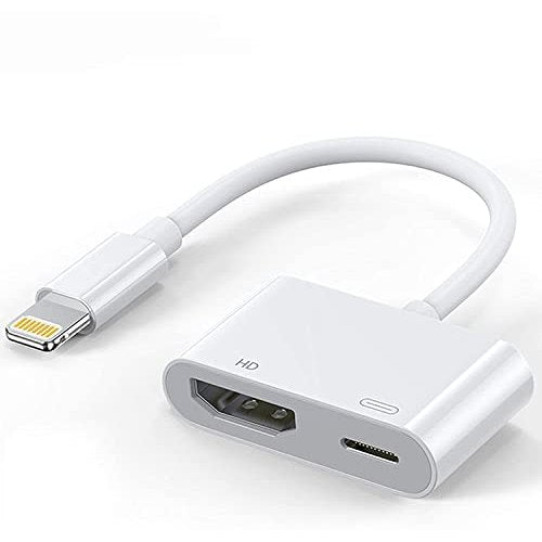 Apple MFi certified Lightning to HDMI adapter in white, designed for connecting iPhone and iPad models to TVs, projectors, and monitors, featuring a Lightning charging port for simultaneous device charging.