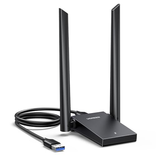 UGREEN WiFi adapter for desktop PC featuring AX1800 capability with dual 5dBi high gain antennas designed for 5G and 2.4G dual band connectivity includes WAP3-SAE and comes with a 3FT USB 3.0 to Micro USB 3.0 cable compatible with Windows 10 and 11