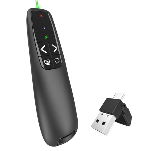 Wireless presentation clicker featuring a green laser pointer designed for PowerPoint presentations, compatible with USB-A and USB-C connections, suitable for use with PPT, Keynote, and Google Slides.