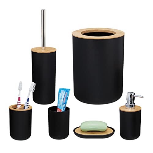 Black plastic bamboo bathroom accessory set with six pieces for complete bathroom equipment