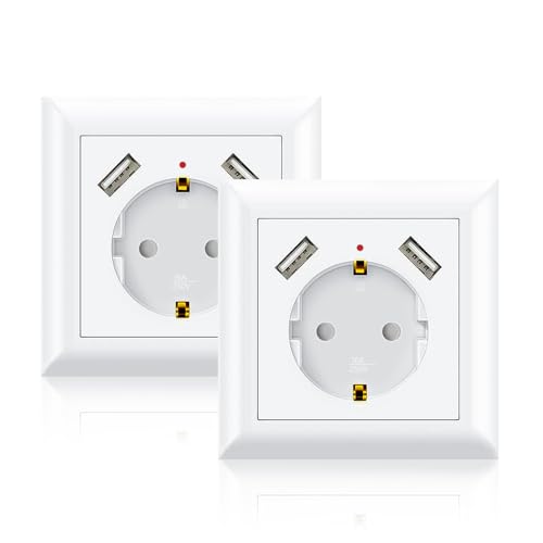 MKSENSE power socket featuring two USB ports designed for smartphones and tablets, includes two pieces, fits standard recess box, finished in white