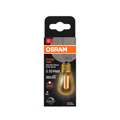 Osram - Vintage 1906 LED Lamp Gold Tint, 4.8W, 360lm, Mini Edison Shape, E27 Base, Warm White Light, Dimmable, 15,000 Hours Life Time