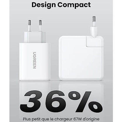 UGREEN - 65W USB C Fast Charger 3 Ports for iPhone, MacBook, Galaxy, Pixel (White)