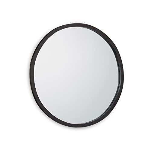 Round wall mirror with a classic design featuring a pine wood frame in black, suitable for modern hallways, bathrooms, and guest WCs, measuring 60 cm in diameter and 2 cm in depth.