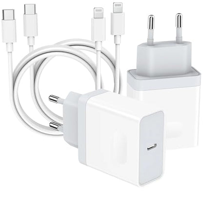 Charger and charging cable set designed for iPhone models 14, 14 Plus, 14 Pro, 14 Pro Max, 13, 12, and 11 featuring a 25 watt power supply and 2 meter length, includes four fast charging USB C cables and power adapter for quick charging capabilities