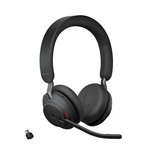 Black Jabra Evolve2 65 Wireless On-Ear Headset with USB-C Bluetooth Adapter, designed for noise isolation and long battery life of up to 37 hours, featuring three microphones for enhanced call quality and MS Teams certification.